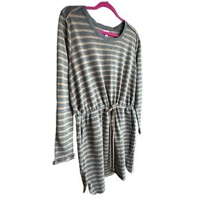 Drawstring Waist Long Sleeve Knit Striped Dress XXL